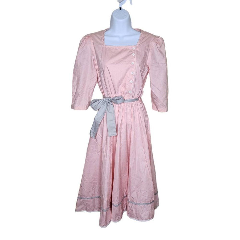 Vintage 80s Fit 7 Flare Dress Womens Size Small Pink Gray Belted Feminine Coquet